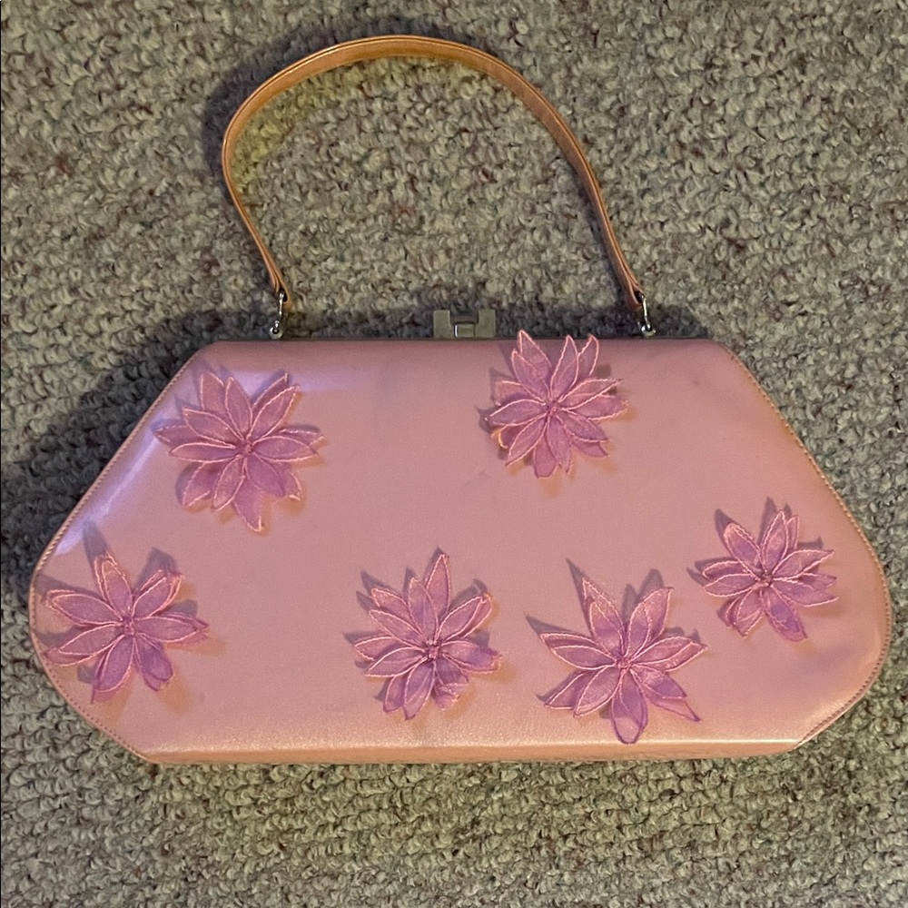 Vintage 50s Pink patent leather hard structured with chiffon Flowers Women's Bag
